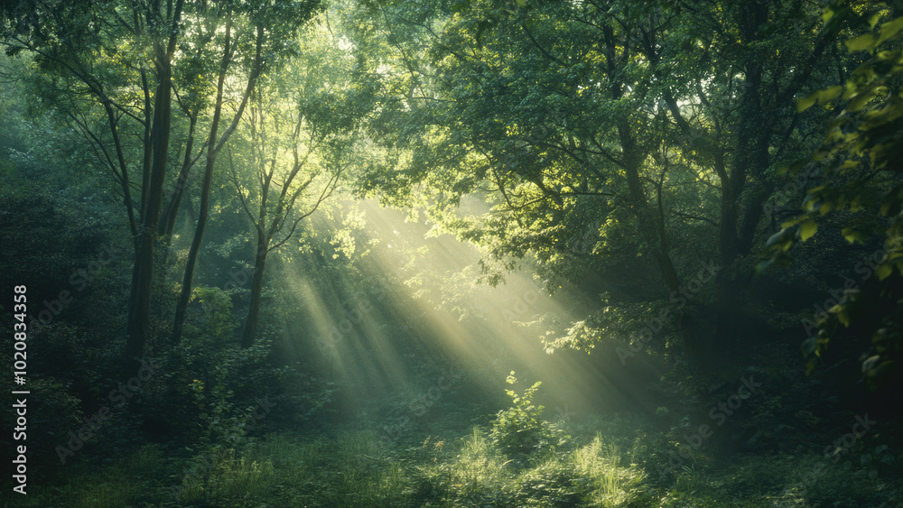 Fototapeta premium Sun Rays Through Forest Canopy Creating a Mystical Atmosphere