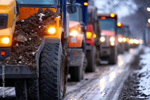 A vibrant lineup of colorful dump trucks is engaged in a synchronized effort to move construction materials along a snow-covered road during a road repair project. photo