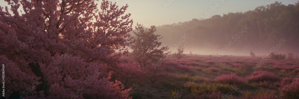 A beautiful field of pink flowers with trees in the background. The trees are pink and the flowers are pink, creating a serene and picturesque scene. The field is filled with a variety of flowers A beautiful field of pink flowers with trees in the background. The trees are pink and the flowers are pink, creating a serene and picturesque scene. The field is filled with a variety of flowers