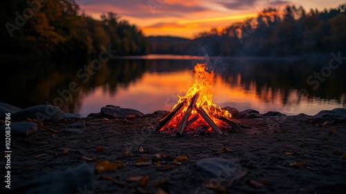 Campfire burning brightly on the lake shore at sunset, with vibrant colors reflecting on the water.