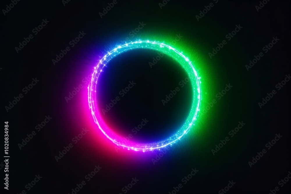 A circle of neon lights in a dark background. The circle is multicolored and has a glow A circle of neon lights in a dark background. The circle is multicolored and has a glow