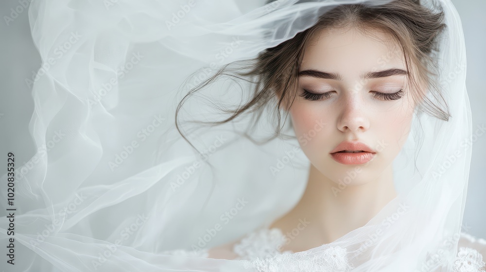 Bride with closed eyes and flowing veil, serene and peaceful Bride with closed eyes and flowing veil, serene and peaceful