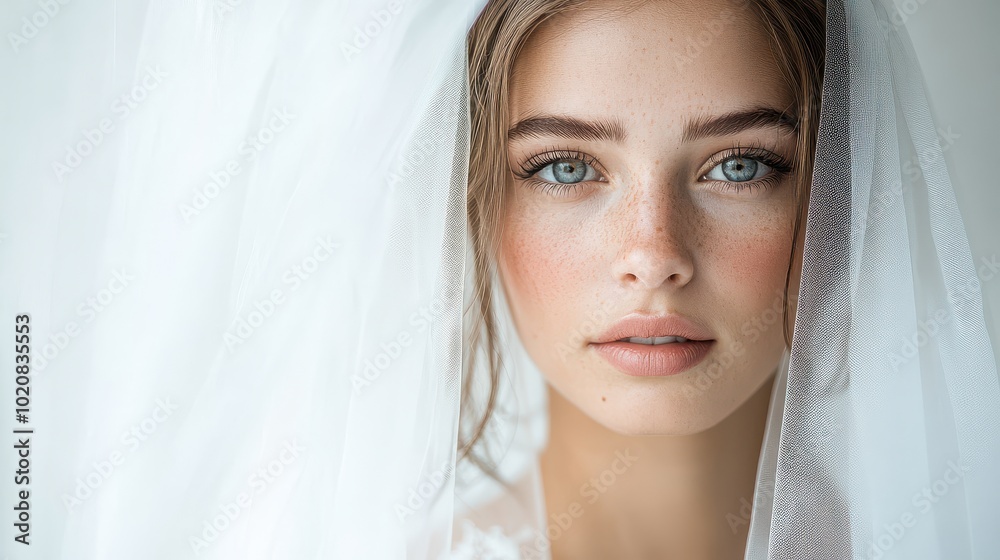 Close-up of a bride with freckles and a veil, soft natural light Close-up of a bride with freckles and a veil, soft natural light