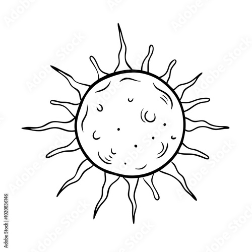 Hand-drawn sun illustration with rays and crater details