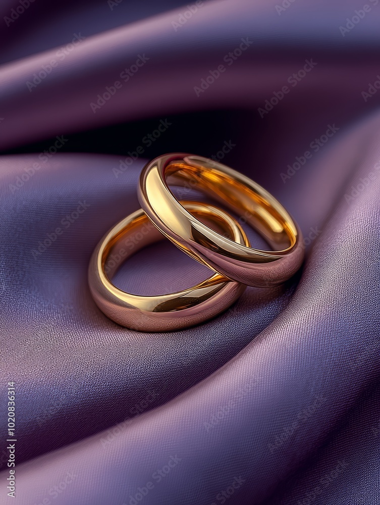 Elegant gold wedding rings resting on luxurious purple satin fabric. Elegant gold wedding rings resting on luxurious purple satin fabric.