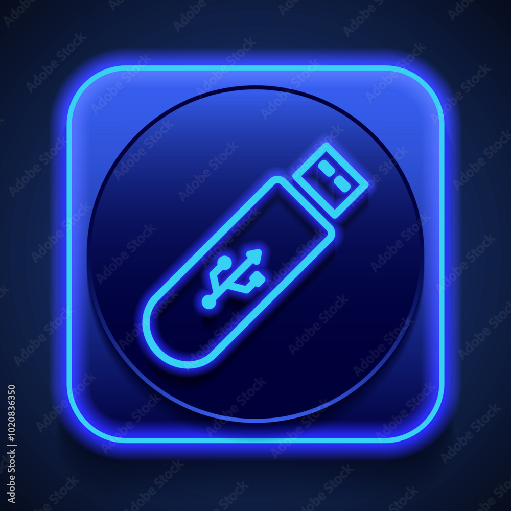 Usb flash drive simple icon vector. Flat design. Blue neon style on button. With shadow Usb flash drive simple icon vector. Flat design. Blue neon style on button. With shadow
