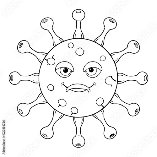 Virus cartoon face, black and white, playful depiction of infection