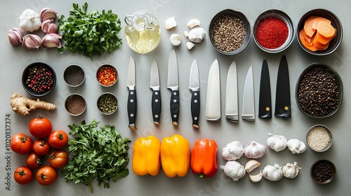 Kitchen Countertop Display of Spices, Vegetables, and Kitchen Knives photo