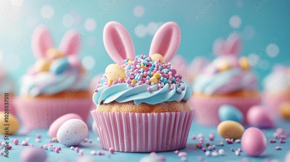 Close-up of a delicious Easter cupcake with bunny ears and sprinkles, surrounded by pastel-colored eggs and a blue background. Close-up of a delicious Easter cupcake with bunny ears and sprinkles, surrounded by pastel-colored eggs and a blue background.