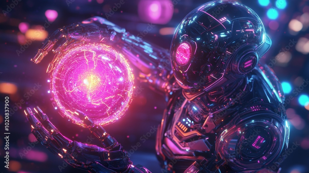 Futuristic robot design holding a glowing energy core, surrounded by neon circuitry. Futuristic robot design holding a glowing energy core, surrounded by neon circuitry.