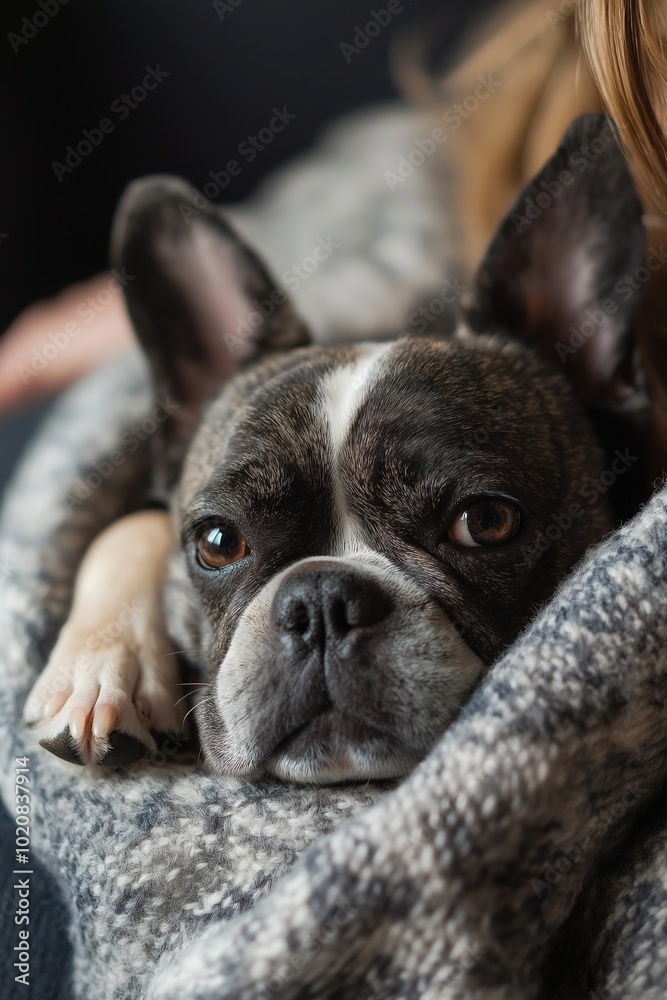 A lovable French Bulldog snuggles in a cozy blanket, conveying warmth, companionship, and relaxation in a homey space. A lovable French Bulldog snuggles in a cozy blanket, conveying warmth, companionship, and relaxation in a homey space.