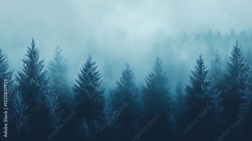 Enchanted forest at dawn with dark teal mist enveloping towering evergreens background Enchanted forest at dawn with dark teal mist enveloping towering evergreens background