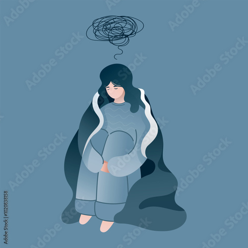 Sad woman in gray pajamas sitting under a blanket. mental health care, psychology