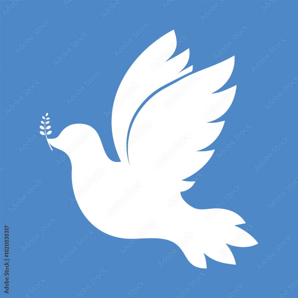 White dove of peace on a blue background carrying an olive branch, a symbol of peace White dove of peace on a blue background carrying an olive branch, a symbol of peace