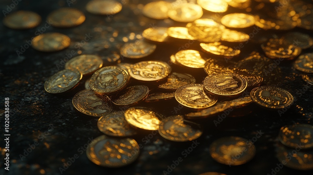 Realistic 3D-rendered gold coins scattered on a table under soft lighting. Realistic 3D-rendered gold coins scattered on a table under soft lighting.