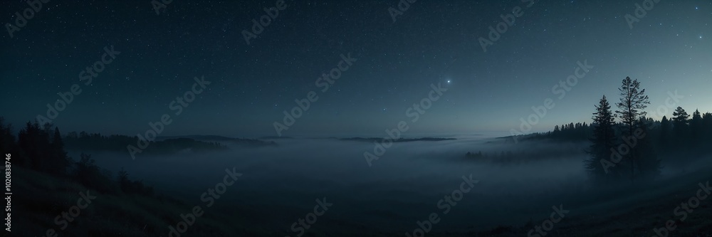 A foggy night with a starry sky and a tree in the foreground. The sky is filled with stars and the fog is thick A foggy night with a starry sky and a tree in the foreground. The sky is filled with stars and the fog is thick
