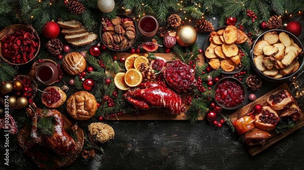 Festive holiday feast with roasted meats, potatoes, and seasonal decorations Festive holiday feast with roasted meats, potatoes, and seasonal decorations