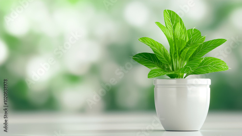 This thriving mint plant rests in a pristine white pot, exuding vitality. The soft focus background enhances the plants bright green leaves, emphasizing its natural beauty