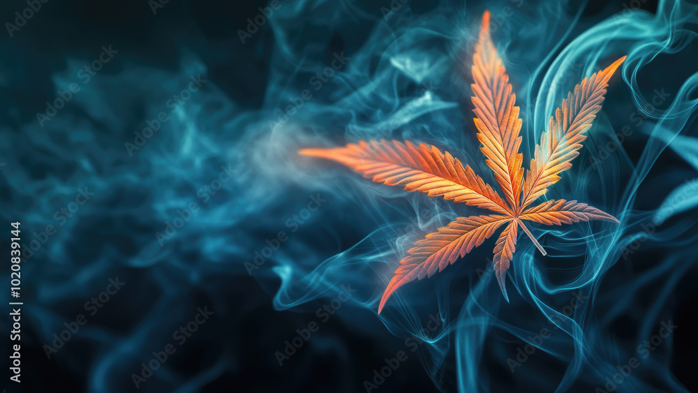 Blue Cannabis Leaf with Smoke Effect on Black Background Blue Cannabis Leaf with Smoke Effect on Black Background