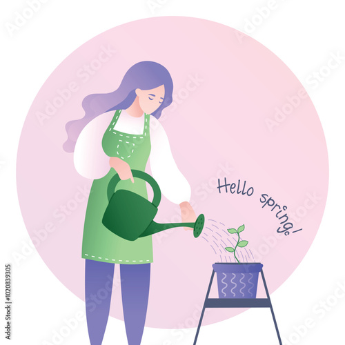 Woman watering a flower from a green watering can, the inscription Hello Spring, spring colors, girl in an apron