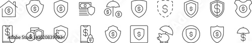Money by Shield Outline Sign Collection. Editable Stroke. Perfect for Infographics, Articles, Books, Flyers, Banners