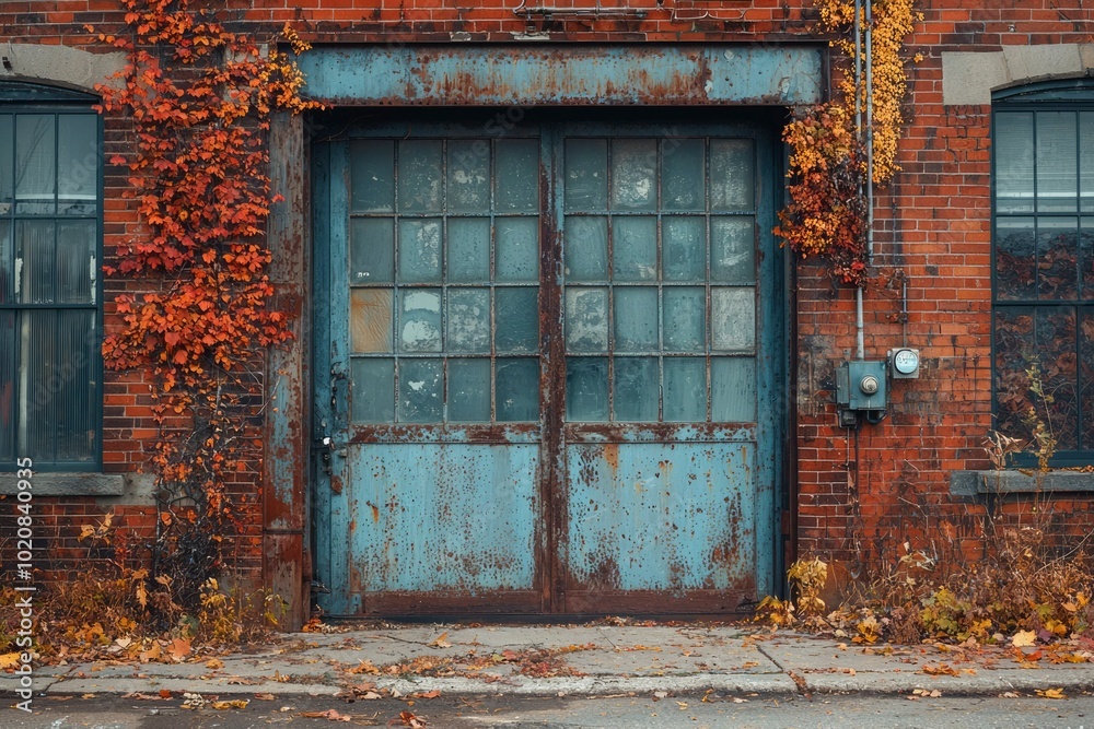 Rusty Metal Doorway on Brick Building with Autumn Foliage Rusty Metal Doorway on Brick Building with Autumn Foliage