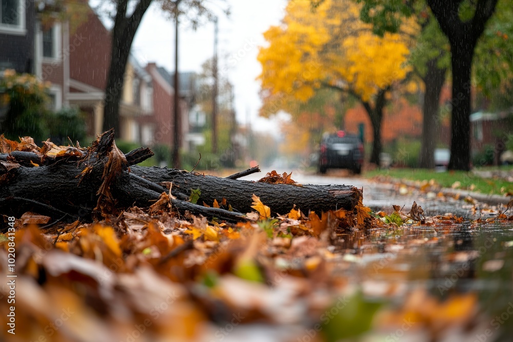 Rain-soaked street lined with vibrant autumn leaves and fallen branches on a cloudy day Rain-soaked street lined with vibrant autumn leaves and fallen branches on a cloudy day