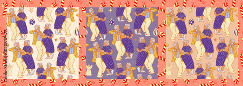 Set of Seamless pattern illustration with dancing people for new year, christmas, birthday, festival. An elderly married couple is having fun at the holiday. Grandparents are happy