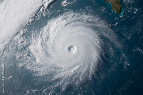 Powerful hurricane swirling in the ocean above land near the coast, captured from space during a clear daytime sky
