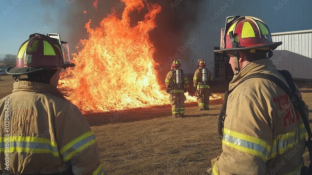 Naklejka premium Firefighters Observing a Large Blaze During Training