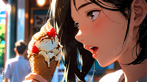 Anime Woman Enjoying Ice Cream In A Bright Colorful Street Cafe