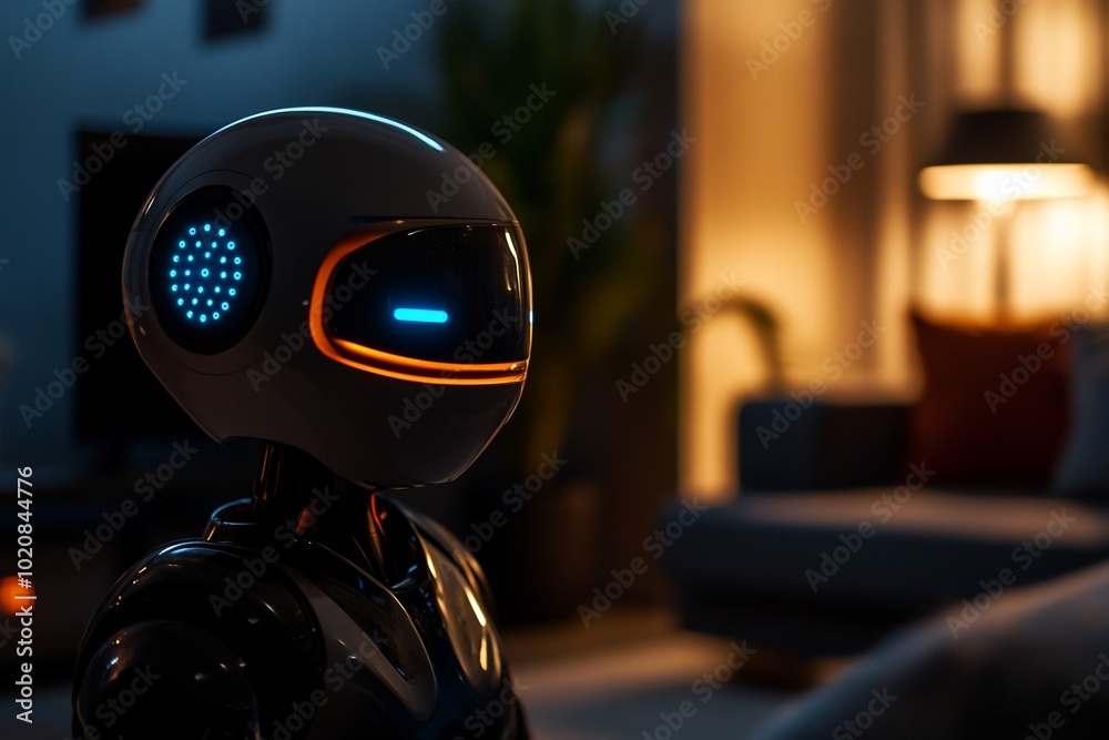 A close-up of a futuristic robot's head in a living room, with a couch and lamp in the background. A close-up of a futuristic robot's head in a living room, with a couch and lamp in the background.