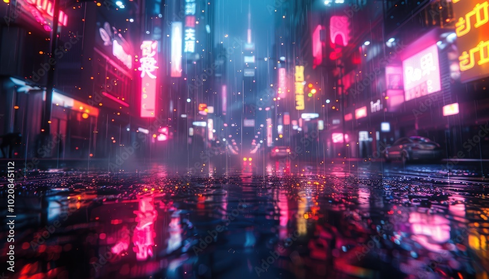 Neon Cityscape Reflected in Rain-Soaked Pavement Neon Cityscape Reflected in Rain-Soaked Pavement