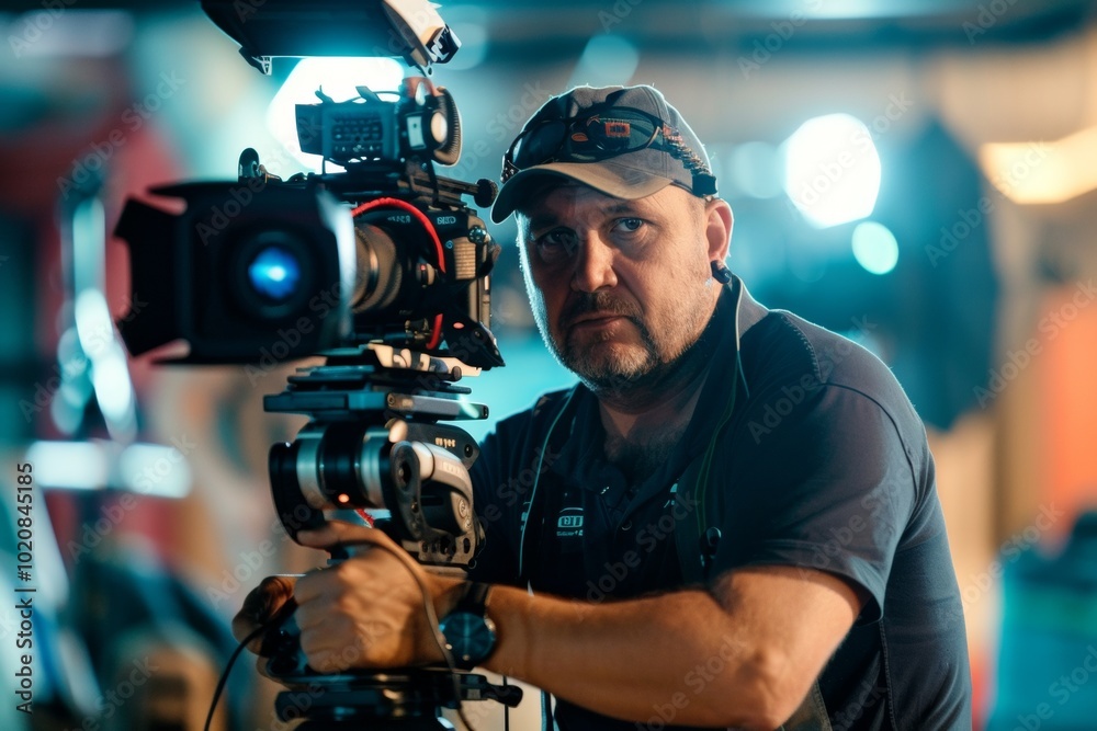 Director of photography with a camera in his hands on the set. Professional videographer at work on filming a movie Director of photography with a camera in his hands on the set. Professional videographer at work on filming a movie