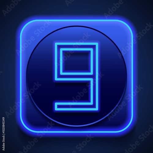 Number nine, numeral simple icon vector. Flat design. Blue neon style on button. With shadow