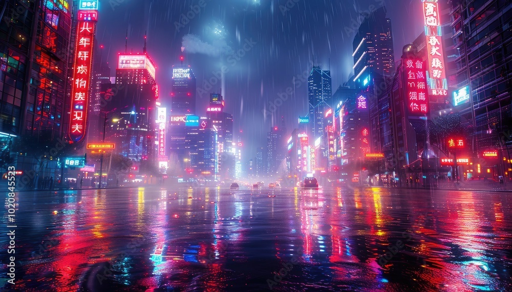 Neon Lights Reflecting on Wet Street in a Rainy Night Cityscape Neon Lights Reflecting on Wet Street in a Rainy Night Cityscape