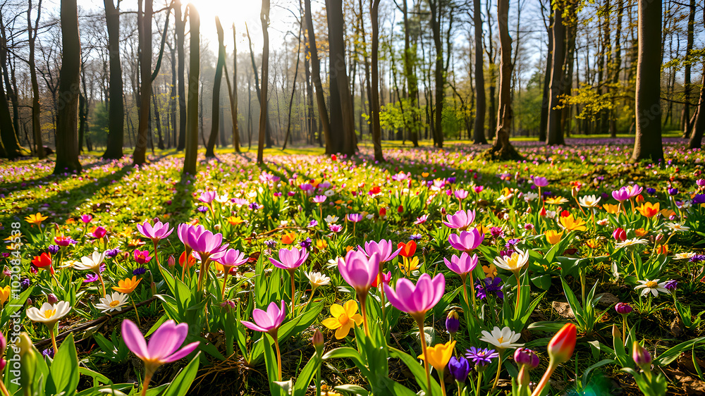 Fototapeta premium Colorful crocuses in the forest. Spring landscape with blooming flowers.