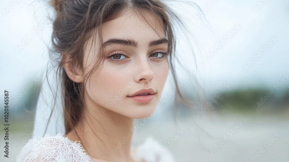Outdoor bridal portrait of a young woman with windswept hair, looking into the distance