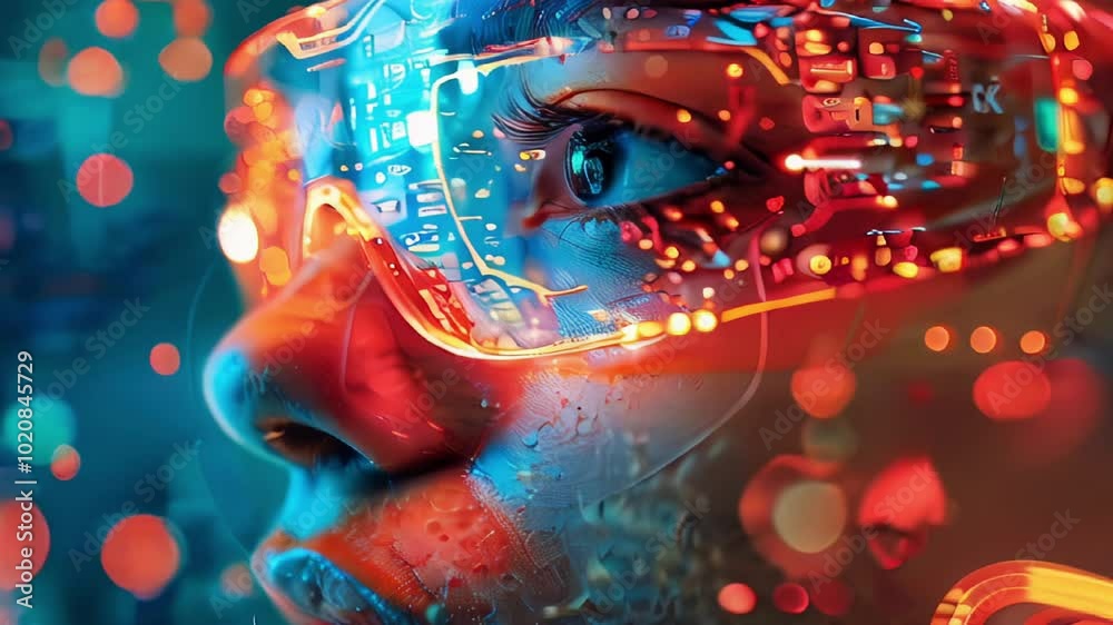 Futuristic Technology VR Headset Woman in Digital World. Futuristic Technology VR Headset Woman in Digital World.