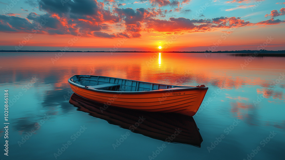 Calm still lake at sunset with small boat in the front; quiet place Calm still lake at sunset with small boat in the front; quiet place