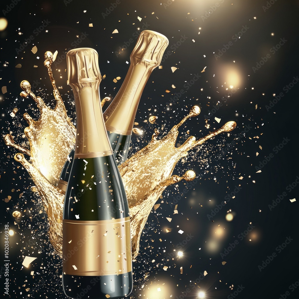 Fototapeta premium Champagne bottles popping with golden liquid splashing out,