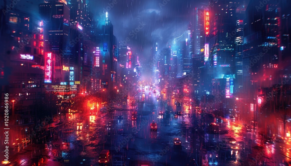 Fototapeta premium Rain-Soaked Cyberpunk Cityscape with Neon Lights and Traffic