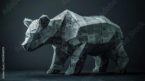 Sculpture of a bear made from folded newspapers in an artistic exhibit photo