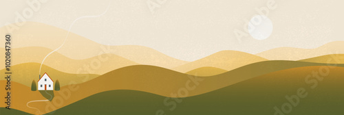 Abstract landscape poster. Nature contemporary poster with hills, house, pine trees, minimalist wall decor, mid century mountain background art print design. Vector illustration