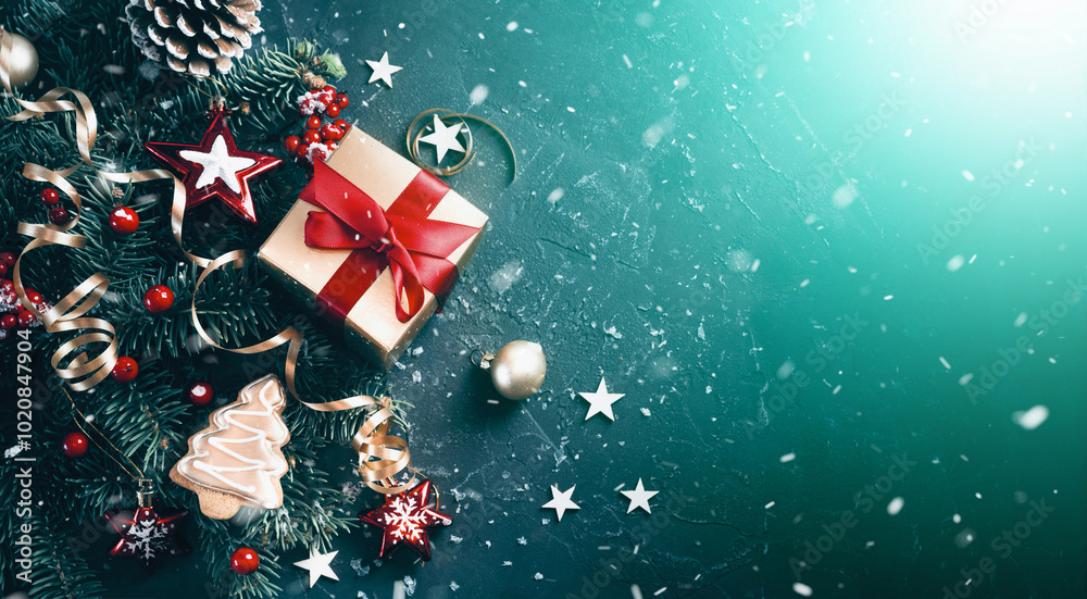 Christmas dark blue and green background with golden gift box and decorated fir branches, flat lay.