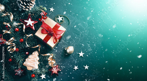 Obraz na płótnie Christmas dark blue and green background with golden gift box and decorated fir branches, flat lay. w salonie