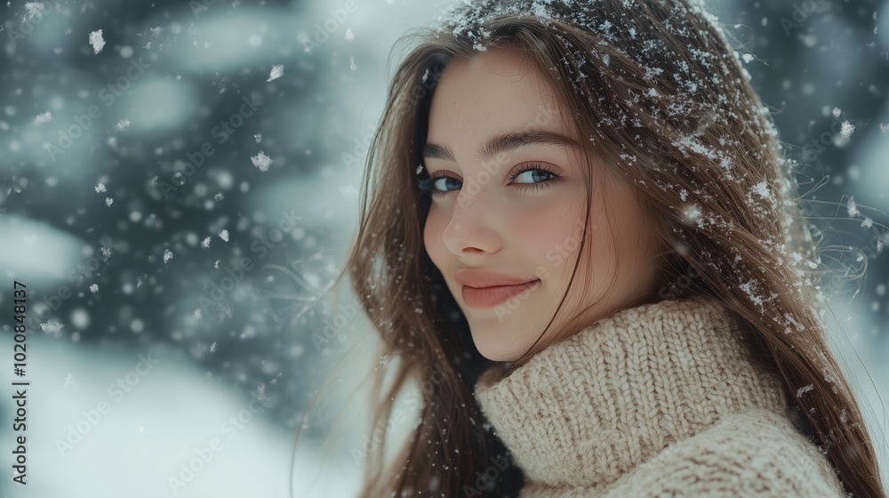A young woman enjoys a snowy day in a serene winter forest, capturing the beauty of falling snowflakes in a cozy sweater A young woman enjoys a snowy day in a serene winter forest, capturing the beauty of falling snowflakes in a cozy sweater