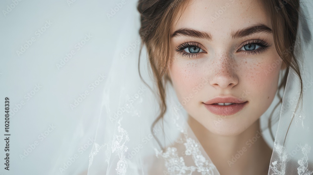 Close-up portrait of a young bride with freckles and blue eyes Close-up portrait of a young bride with freckles and blue eyes