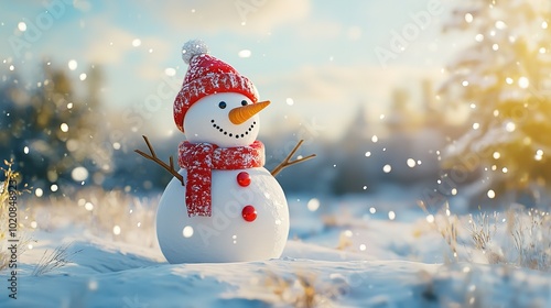 Cheerful snowman with hat and scarf in snowy field