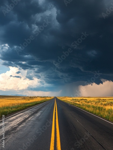 A dramatic stormy sky over an empty road through golden fields captured in the late afternoon light